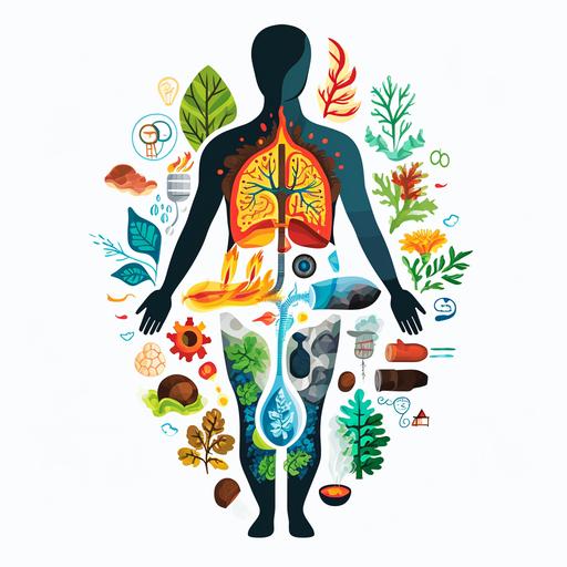 Picture icon of the human body and various objects, with soil, water, air, fire as elements. There are no leaf or plants or trees in the picture. --v 6.0