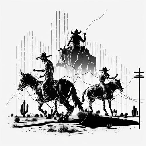 Picture of 3 cow boys with wipe. They are attacked by 3 monsters with long nails. 2d line diagram. black and white