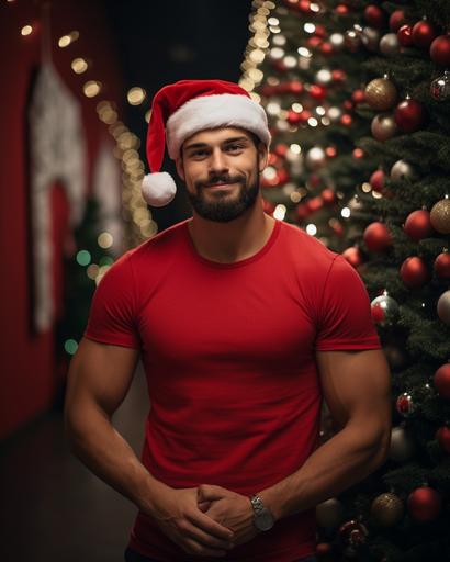 Picture of a handsom guy wearing pure red t-shirt without beard, santa's hat, detailed christmas background with decoration, red candles, pin leaves, red burries, snowy christmas tree, christmas bullbs --ar 4:5 --s 50