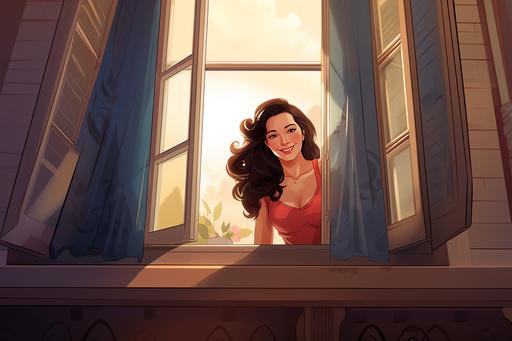 Picture of a woman, block of flats with one windows opened and a dark haired 40 years old smiling woman is in the window looking straight to the camera, looking at me, upper body visible, sunshine on her happy face, very romantic, cartoon style, --ar 3:2