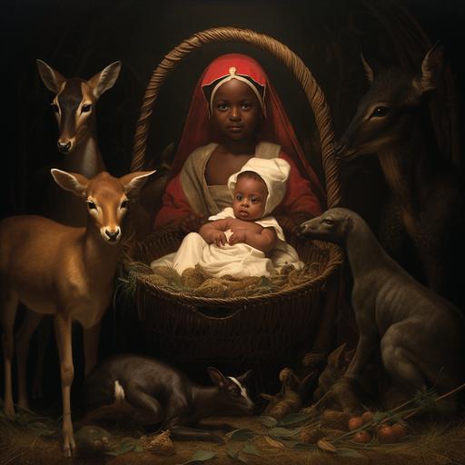 Picture of biracial baby Jesus in basinet surrounded by a goat a chicken a cat and a deer
