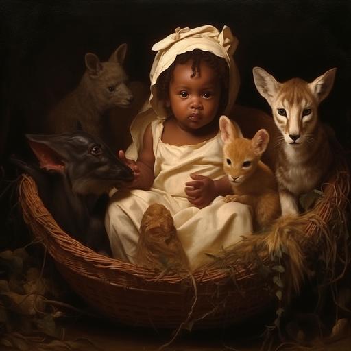 Picture of biracial baby Jesus in basinet surrounded by a goat a chicken a cat and a deer