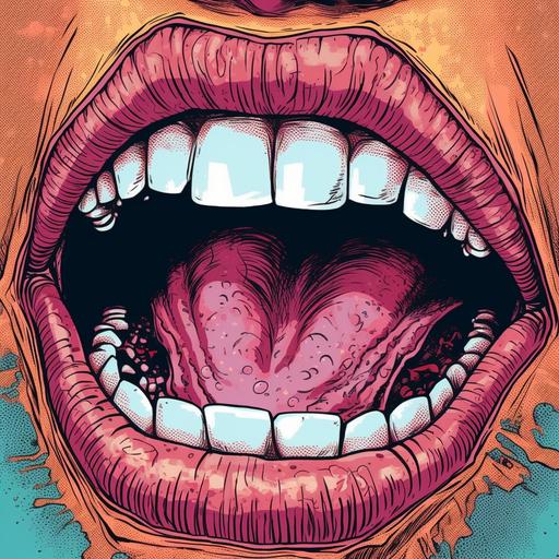 Picture of the mouth, showing teeth, tongue, and saliva, comic style --s 750