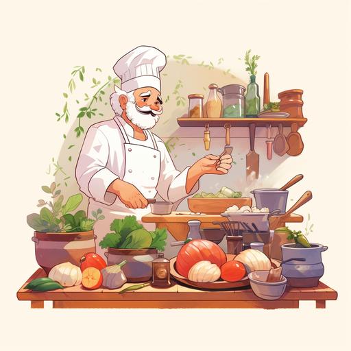 Pictures of food and chefs, delicious, cartoon, animation, 2D, illustration, hand-painted, flat, white background, bright color style, warm color temperature, similar works Studio Ghibli