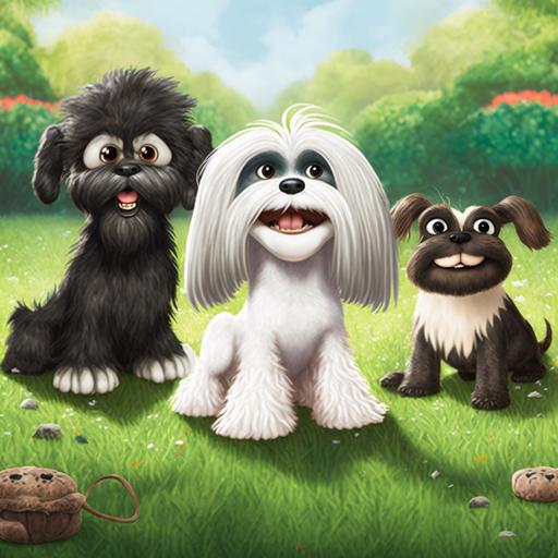 Pixar, 3 dogs in total, silly brown and white maltese shih tzu, happy scruffy black poodle, angry white lady maltese, all sitting on grass, 8k render --v 4