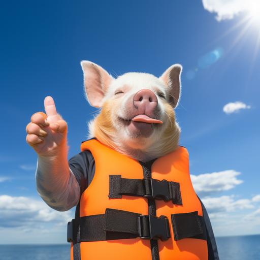 Pig wear orange life jacket with blue sky background very happy Point index fingers to the left.