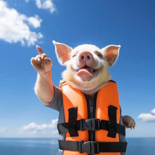 Pig wear orange life jacket with blue sky background very happy Point index fingers to the left.