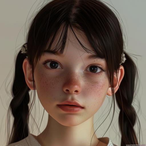 Pigtails, Japanese girl, black hair, black eyes, pig nose --v 6.0