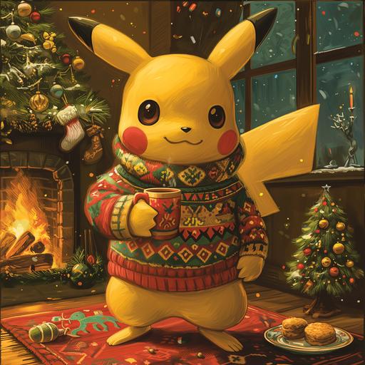 Pikachu in a festive, ugly sweater, vibrant and colorful with exaggerated holiday patterns. The sweater features classic winter motifs, like snowflakes, reindeer, and pine trees, interspersed with playful images of Poké Balls and tiny Pikachus. Pikachu's expression is joyful, embracing the holiday spirit. The background is a cozy winter scene, possibly a warm living room with a crackling fireplace, decorated Christmas tree, and soft, glowing lights. Pikachu is holding a steaming mug of hot cocoa, with a few holiday cookies on a plate nearby. The image is filled with a sense of warmth and cheerful holiday cheer, combining the beloved Pokémon character with the fun tradition of wearing ugly holiday sweaters --v 6.0