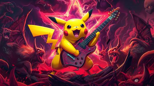 Pikachu playing an electric guitar in hell surrounded by demons, by rockstar game style, heavy metal album cover art, Pikachu is holding the guitar and it's facing towards camera with his tongue out, pentagram symbol in background, vibrant colors --ar 16:9  --v 6.0