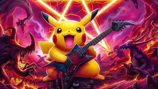 Pikachu playing an electric guitar in hell surrounded by demons, by rockstar game style, heavy metal album cover art, Pikachu is holding the guitar and it's facing towards camera with his tongue out, pentagram symbol in background, vibrant colors --ar 16:9