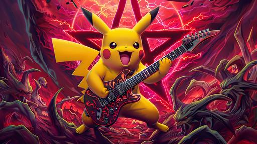 Pikachu playing an electric guitar in hell surrounded by demons, by rockstar game style, heavy metal album cover art, Pikachu is holding the guitar and it's facing towards camera with his tongue out, pentagram symbol in background, vibrant colors --ar 16:9