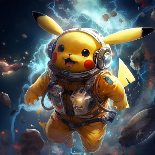 Pikachu, pokemon character, who’s wearing “space suit”, leaving “Space Pod” from “dragon ball z” called “attack ball”