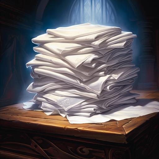Pile of clean folded white towels on top of a table, Magic: The Gathering