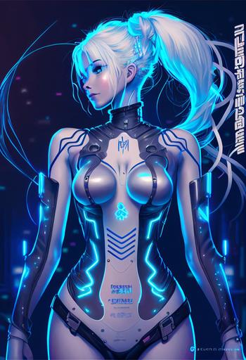 white haired beautiful anime woman with pigtails in blue neon latex suit, hourglass figure, muscular, smiling, poster   Guweiz   Cyberpunk, branding,   text   label --v 4 --ar 2:3 --q 2