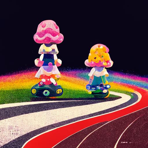Pincess Daisy and  Toadette on the Rainbow road race track, wearing 