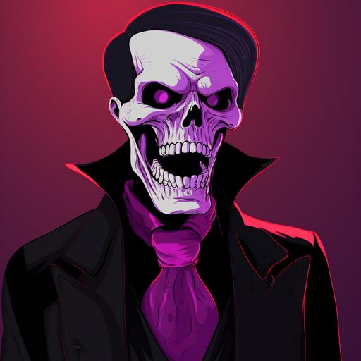 Pink Skull Screaming with open mouth, wearing a black zylinder with a purple tape, and a black dracula suit  --s 5