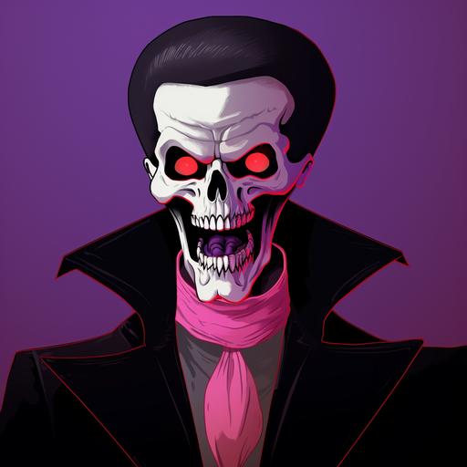 Pink Skull Screaming with open mouth, wearing a black zylinder with a purple tape, and a black dracula suit  --s 5