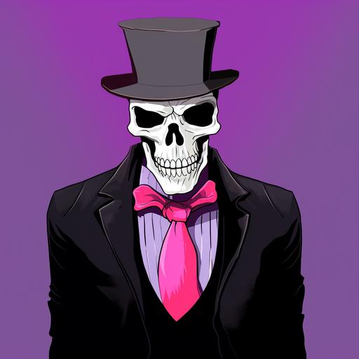 Pink Skull wearing a black zylinder with a purple tape, open mouth, and a black dracula suit  --s 5