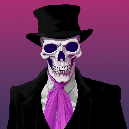 Pink Skull with open mouth, wearing a black zylinder with a purple tape, and a black dracula suit  --s 5