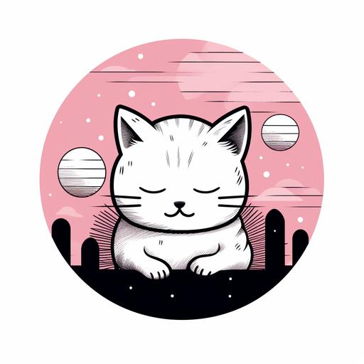 Pink cute cartoon sleeping cat illustration black and white bold lines