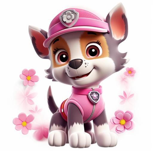 Pink cute girl of Paw patrol dog, clip art white bacground, small flowers and sunny