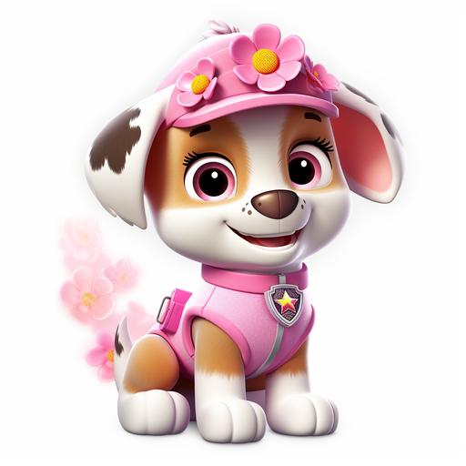 Pink cute girl of Paw patrol dog, clip art white bacground, small flowers and sunny