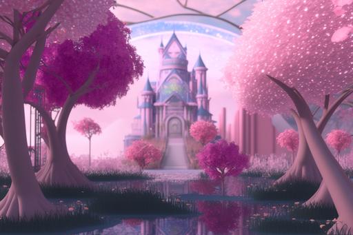 Pink cute princess castle in a beautiful pink environment with flower trees and streams, metallic translucent texture, 3D, Unreal engine, octane render, ultra detailed, 8k, --ar 3:2