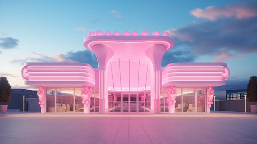Pink movie theater building, luxurious, pastel blue sky, cotton candy color pallete, modern design, neon lights, no words, gag city, --ar 16:9