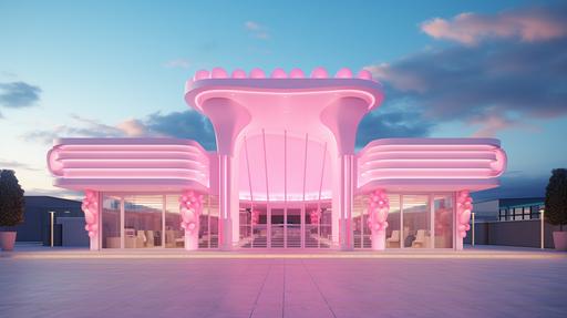 Pink movie theater building, luxurious, pastel blue sky, cotton candy color pallete, modern design, neon lights, no words, gag city, --ar 16:9