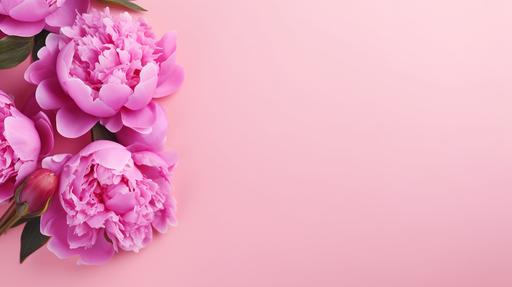 Pink peony flowers on bright pink background, spring flat lay banner. Valentine's, womens, mothers day, birthday or wedding concept. Top view. Copy space., Very details, super-realistic photography, 8k, v 5.2 --ar 16:9