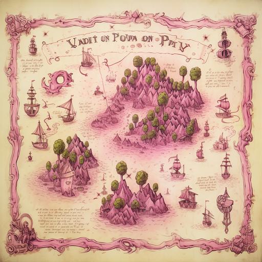 Pink pirate treasure map. An island is drawn on it and the place is marked with a large pink cross.