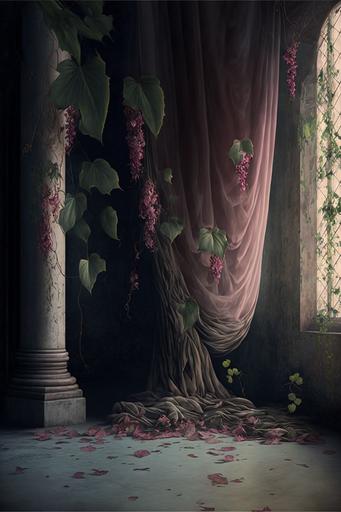 Pink velvet detailed curtain, flowers hanging down, old concrete floor, ivy hanging down, Ultra HD, --ar 2:3