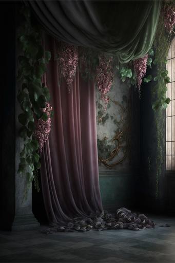 Pink velvet detailed curtain, flowers hanging down, old concrete floor, ivy hanging down, Ultra HD, --ar 2:3