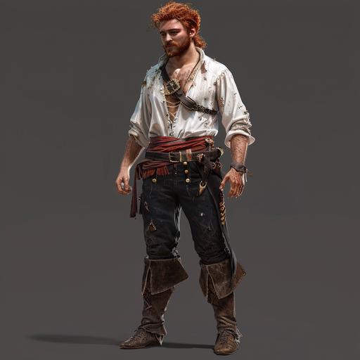 Pirate, Slender, ginger colored messy mop-top/pirate style hair, scruffy beard, loose white pirate shirt, billowing sleeves, high-waisted black trousers, ong, red, oversized, gold buttons, embroidered cuffs, Brown leather boots, scuffed. 4k