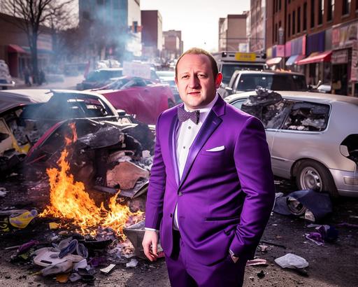 editorial photo, jared polis in purple sequined Liberace-style tuxedo, downtown Denver, homeless tents burning car, --v 5.1 --s 1000 --ar 5:4