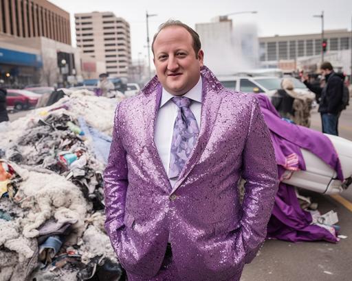 editorial photo, jared polis in purple sequined Liberace-style tuxedo, downtown Denver, homeless tents burning car, --v 5.1 --s 1000 --ar 5:4