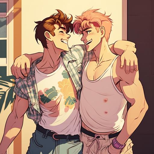 young fit gay male couple cuddling wrestling tickling, laughing, character design, full body, summer attire, anime, 80s bedroom background --q 2