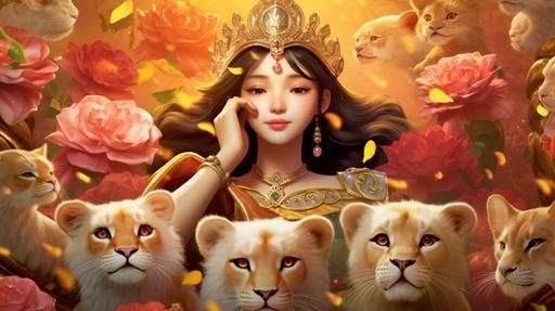 Pixar, Beautiful Korean princess focus on front with traditional court dress, on golden clouds surrounded by small cute cats, gold stars, Rose of Sharon, hyper realistic, fliry vibe, fantasy, elaborate, radiant, --no moon --ar 16:9 --v 5.1
