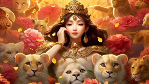 Pixar, Beautiful Korean princess focus on front with traditional court dress, on golden clouds surrounded by small cute cats, gold stars, Rose of Sharon, hyper realistic, fliry vibe, fantasy, elaborate, radiant, --no moon --ar 16:9 --v 5.1