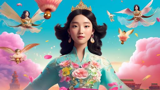 Pixar, Beautiful Korean princess focus on front with Indi-pink and pastel-toned sky-blue traditional court silk dress on the pink clouds, gold circle pattern on the abdomen, traditional jade hairpin, Rose of Sharon, gold stars, cats on shoulders, cute cats flying, hyper realistic, fliry vibe, cute, fantasy, elaborate, radiant, 8k, --no moon --ar 16:9 --v 5.1