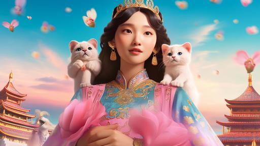 Pixar, Beautiful Korean princess focus on front with Indi-pink and pastel-toned sky-blue traditional court silk dress on the pink clouds, gold circle pattern on the abdomen, traditional jade hairpin, Rose of Sharon, gold stars, cats on shoulders, cute cats flying, hyper realistic, fliry vibe, cute, fantasy, elaborate, radiant, 8k, --no moon --ar 16:9 --v 5.1