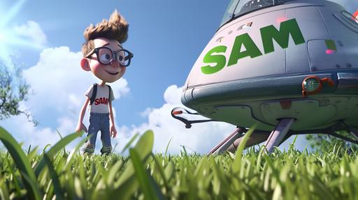 Pixar, CGI, movie, realism. A nerdy boy with glasses called Sam, standing next to alien space ship and a logo in the grass that reads 