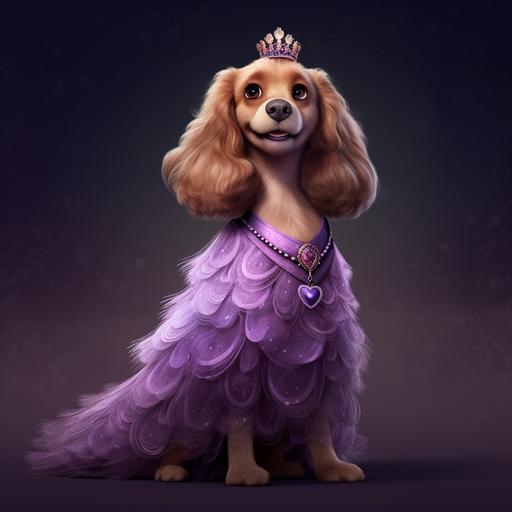 Pixar Disney CGI render portrait of a puppy dog princess character in an ornate formal purple dress --q 2 --s 250