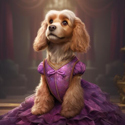 Pixar Disney CGI render portrait of a puppy dog princess character in an ornate formal purple dress --q 2 --s 250