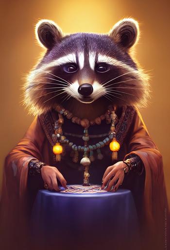 Pixar Style, Ancient wise and mystical raccoon Oracle dressed as a fortune teller , raccoon paws , jean - baptiste monge , anthropomorphic , dramatic lighting, 8k, portrait, rule of thirds —testp —creative —ar 2:3 —s 1300 —no human hands --upbeta
