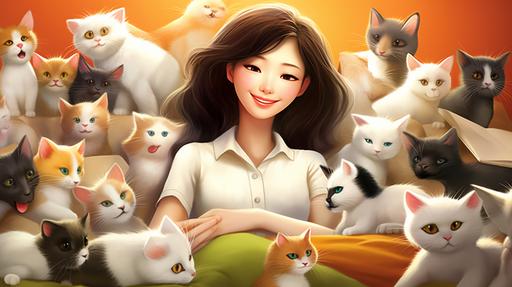 Pixar, adult, a beautiful Korean girl, focus on you with smile, She is awake alone, looking straight ahead and talking, eyes wide open looking straight ahead, wearing a elegant white high neck blouse, cats deep sleeping in funny poses around her, cute, fliry vibe, hot, hyper realistic, star --no moon, 8k, --v 5.1 --ar 16:9