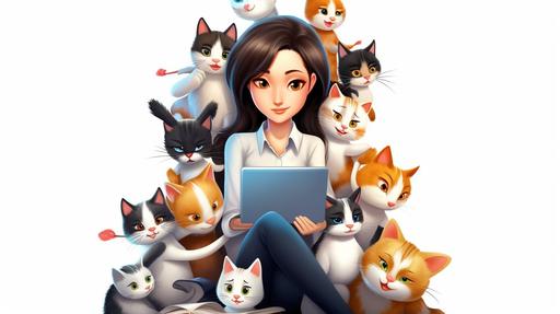 Pixar, adult, frontal posture, a beautiful Korean girl, focus on you talking with smile, wearing a elegant white high neck blouse, cats are in a deep sleep in funny poses on her lap, shoulders and head, clean background, cute, fliry vibe, hot, hyper realistic, star --no moon, 8k, --v 5.1 --ar 16:9