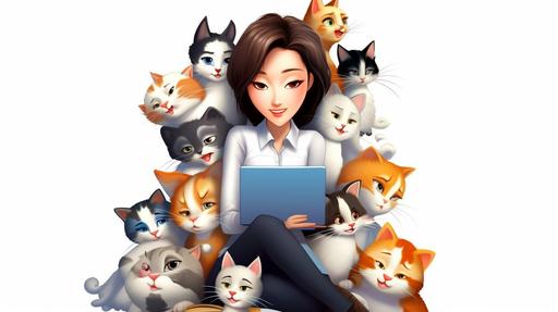 Pixar, adult, frontal posture, a beautiful Korean girl, focus on you talking with smile, wearing a elegant white high neck blouse, cats are in a deep sleep in funny poses on her lap, shoulders and head, clean background, cute, fliry vibe, hot, hyper realistic, star --no moon, 8k, --v 5.1 --ar 16:9