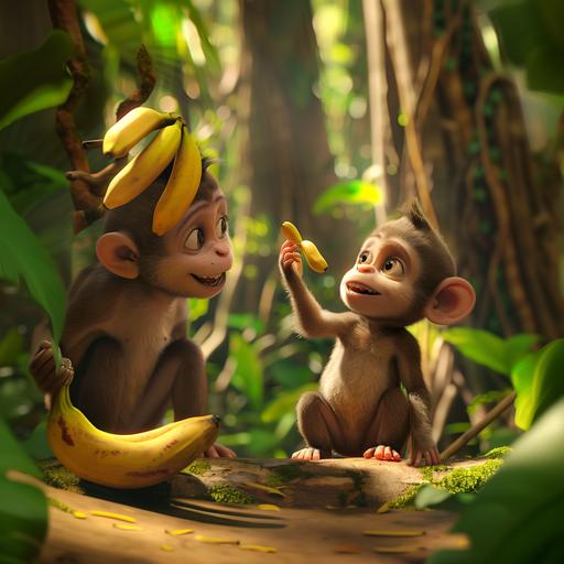 Pixar animation style, a baby monkey looks up with hopeful eyes at a bigger monkey with a hand of bananas